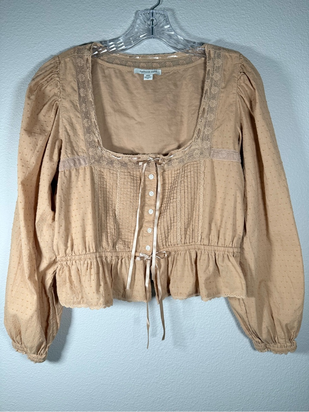 American Eagle Outfitters Women’s M Tan Lace-Trim Button Front Peasant Blouse
